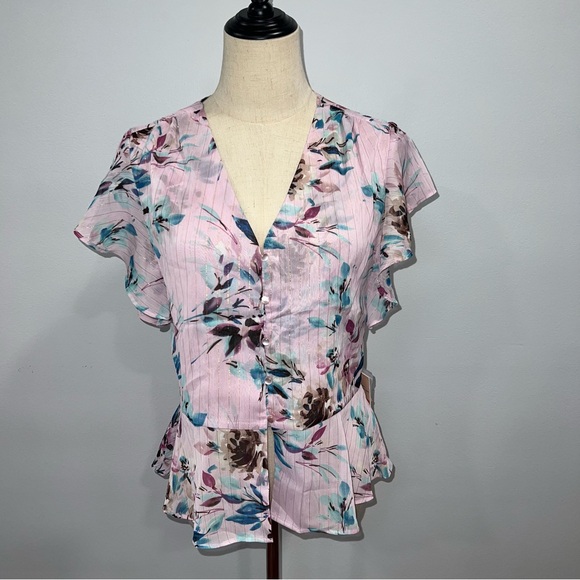 Nanette Nanette Lepore Floral Button Down Peplum Top In Sugar Purple Color- NWT - Picture 3 of 11